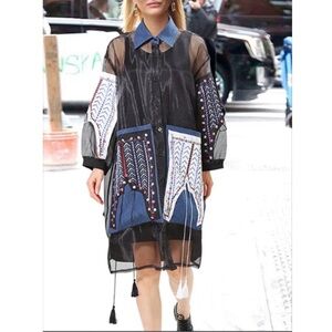 Stella Marina Collezione Black Sheer Denim Dress Embroidered Sequin Artsy OS M*